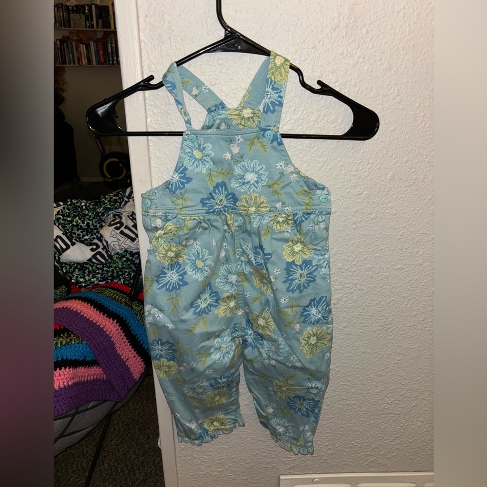 Hartstrings Baby Blue and Yellow Floral Overalls 24 Months